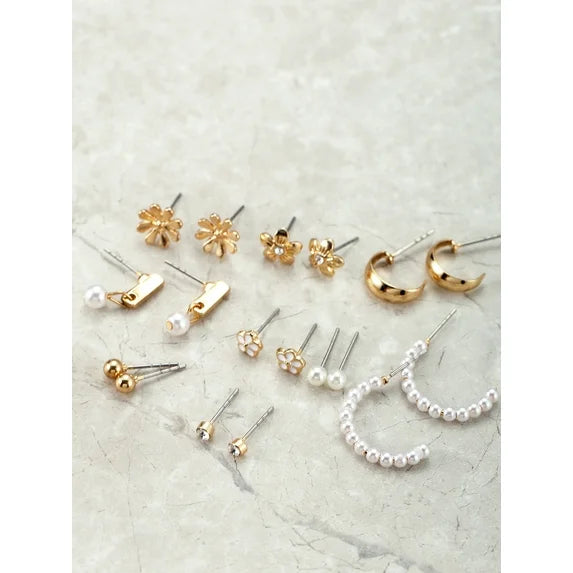 Time and Tru Women's Gold Mini Stud & Hoop Earring Set – 9 Pairs