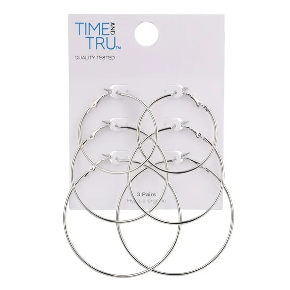 Time and Tru Women’s 3-Pair Silver Tone Hoop Earring Set