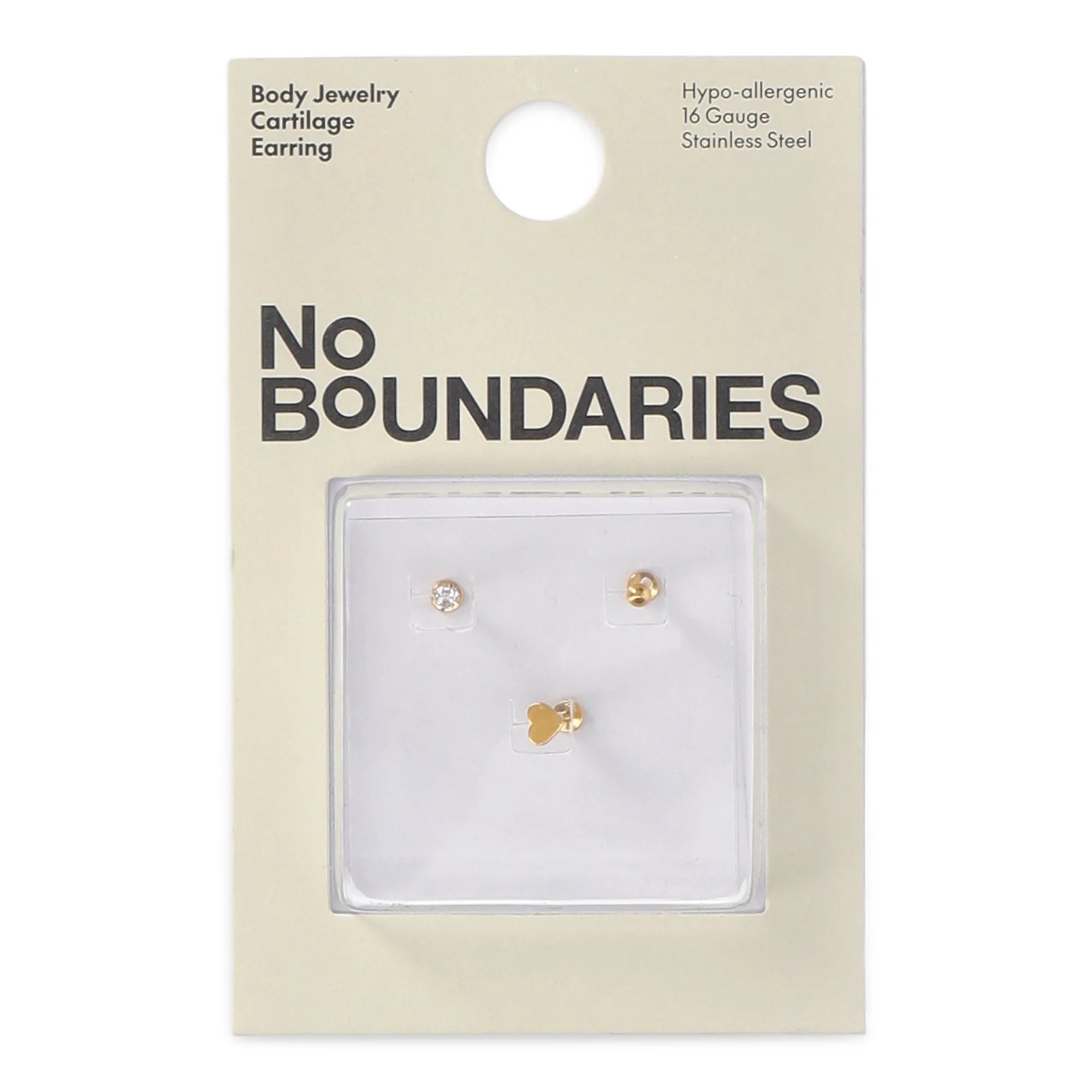 No Boundaries 16G Gold-Tone Heart Cartilage Stud Earrings – 3-Pack