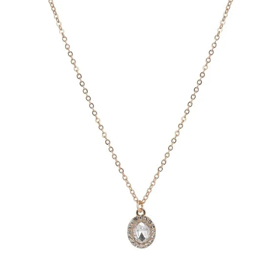Time and Tru Women’s Gold Tone Oval Halo Crystal Pendant Necklace