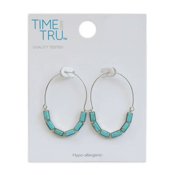 Time and Tru Women’s Silver Tone Faux Turquoise Hoop Earrings