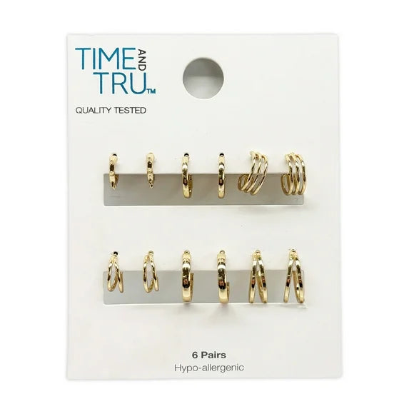 Time and Tru Women's Gold Tone Dainty Metal Hoop Earrings – 6 Pairs