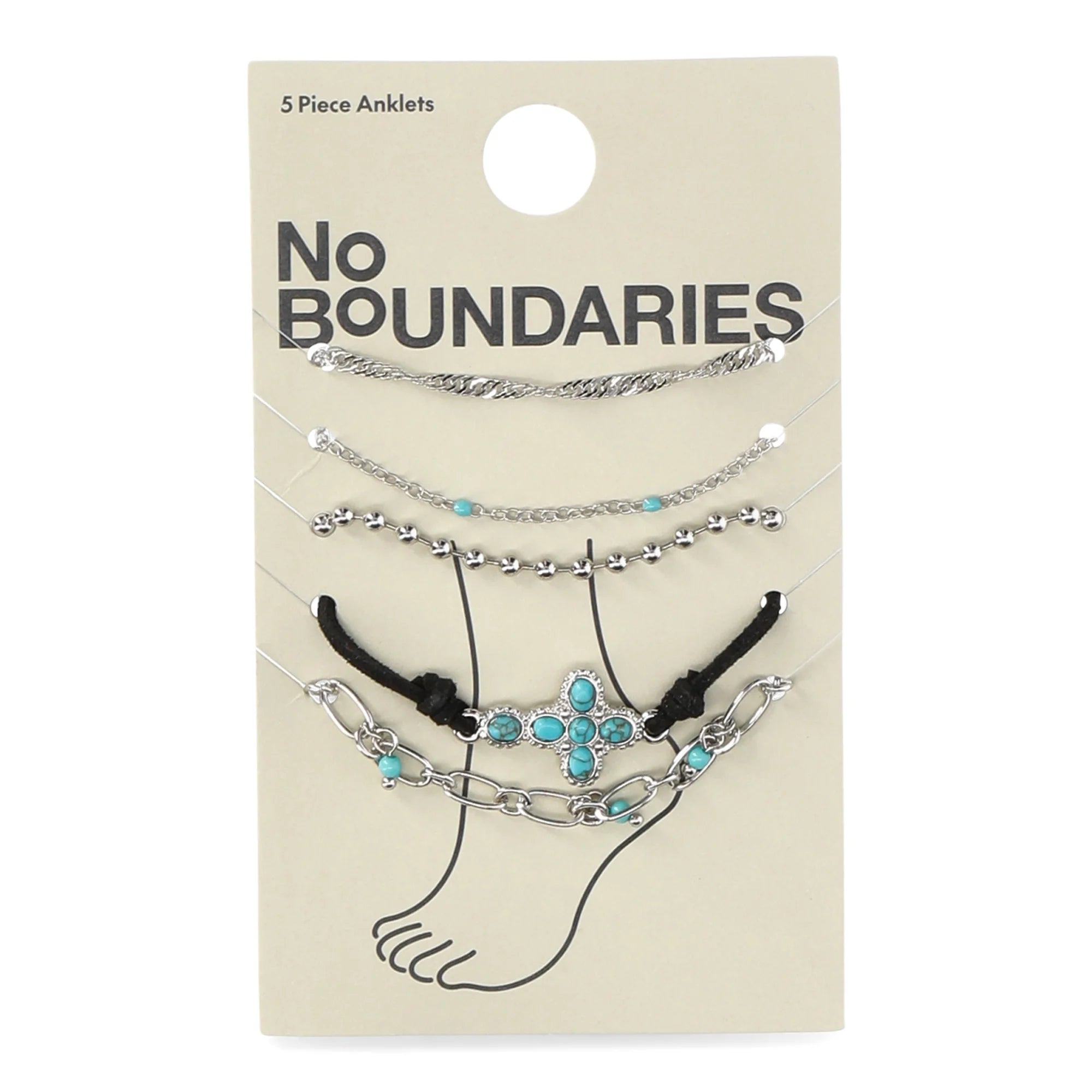 No Boundaries Women’s Silver Tone Anklet Set – 5-Piece