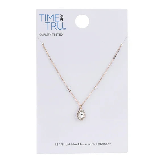 Time and Tru Women’s Gold Tone Oval Halo Crystal Pendant Necklace