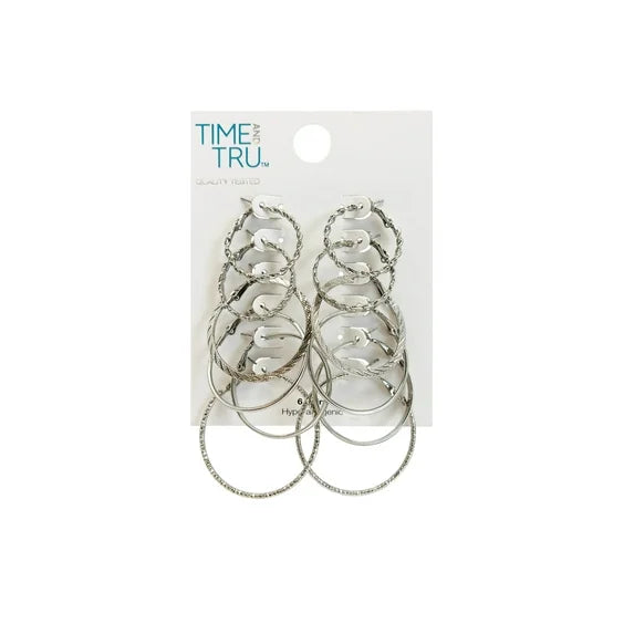 Time and Tru Women’s Silver Tone Hoop Earrings Set – 6-Piece