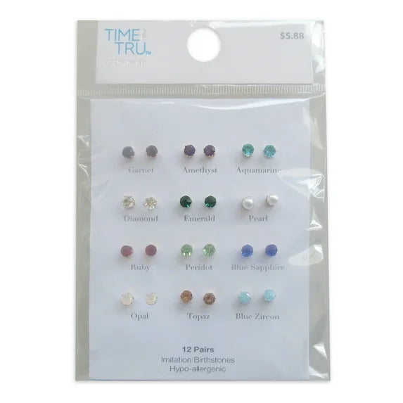 Time and Tru 12-Piece Gold-Tone Birthstone Stud Earrings