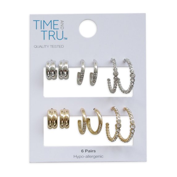 Time and Tru Women’s Two-Tone Hoop Earrings – 6-Piece