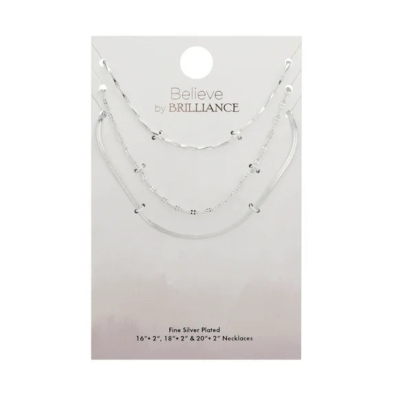 Believe by Brilliance Women's Fine Silve Chain Necklace Set – 3-Piece