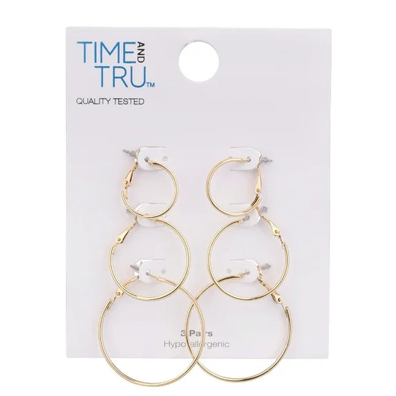 Time and Tru Women’s Gold Tone Hoop Earrings Set – 3 Pairs
