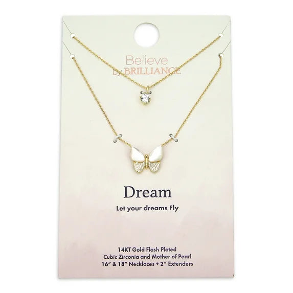 Butterfly Necklace – Mother of Pearl &CZ in 14K Gold Flash | Believe by Brilliance