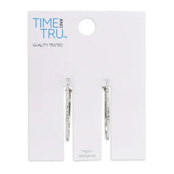 Time and Tru Women's Silver Tone Crystal Hoop Earrings