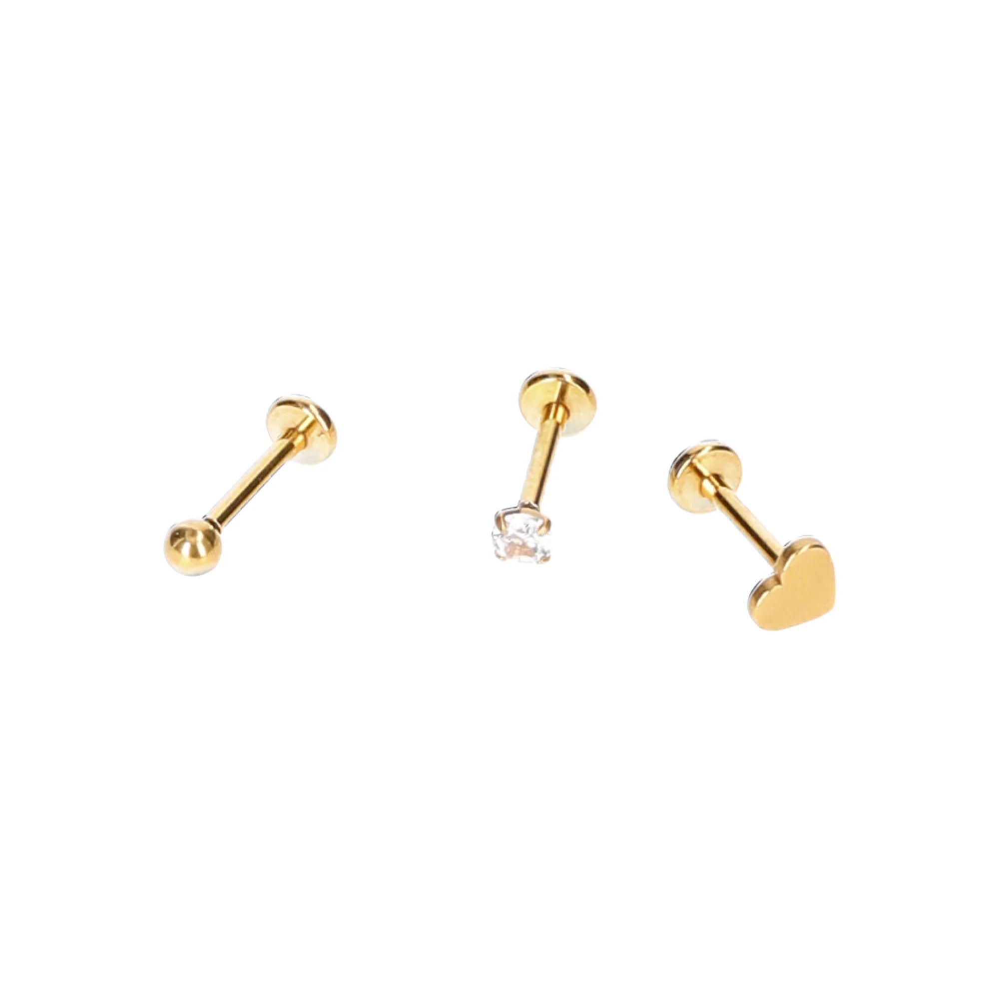 No Boundaries 16G Gold-Tone Heart Cartilage Stud Earrings – 3-Pack