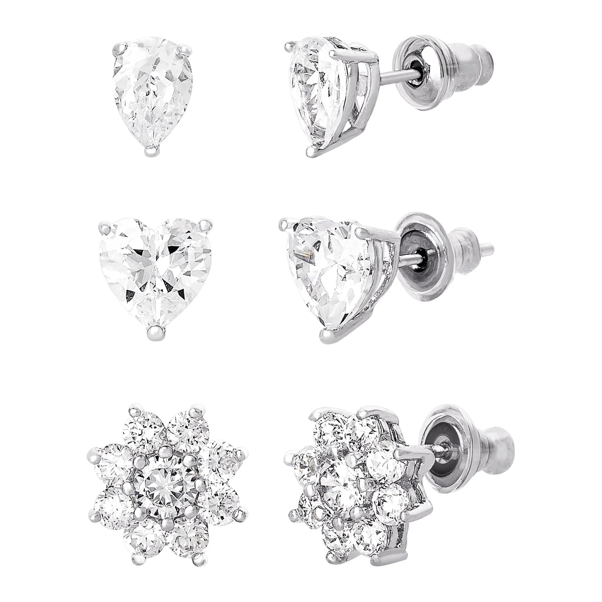 Believe by Brilliance Sterling Silver Cubic Zirconia Stud Earrings – 3 Pairs