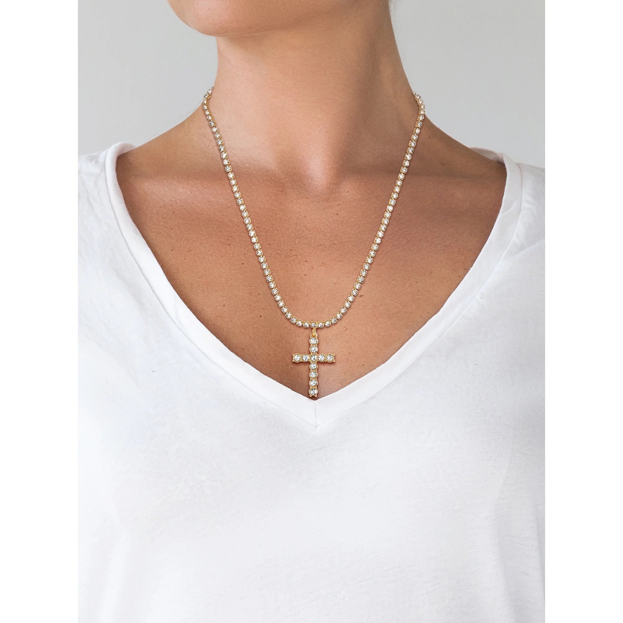 Jessica Simpson Gold Tone CZ Cross Pendant Necklace