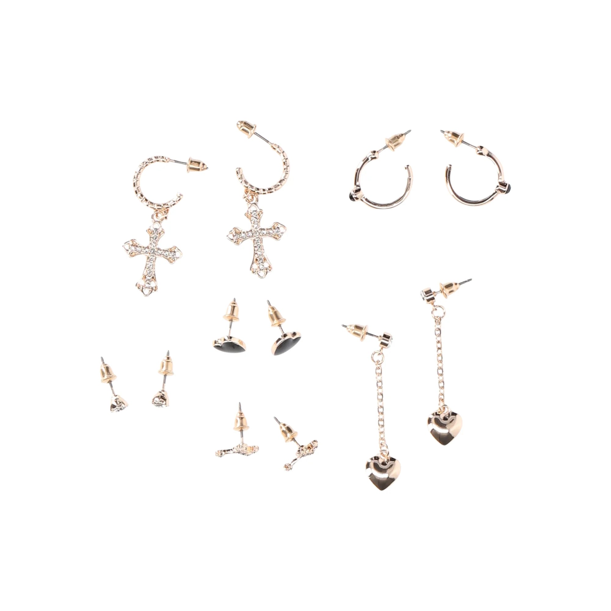 No Boundaries 6-Pack Black & Gold Heart and Cross Earrings
