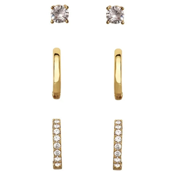 Believe by Brilliance 14K Gold-Plated CZ Stud & Hoop Earring Set – Women’s 3