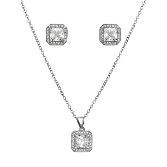 Believe by Brilliance Women’s Square CZ Earrings & Pendant  Set – Silver