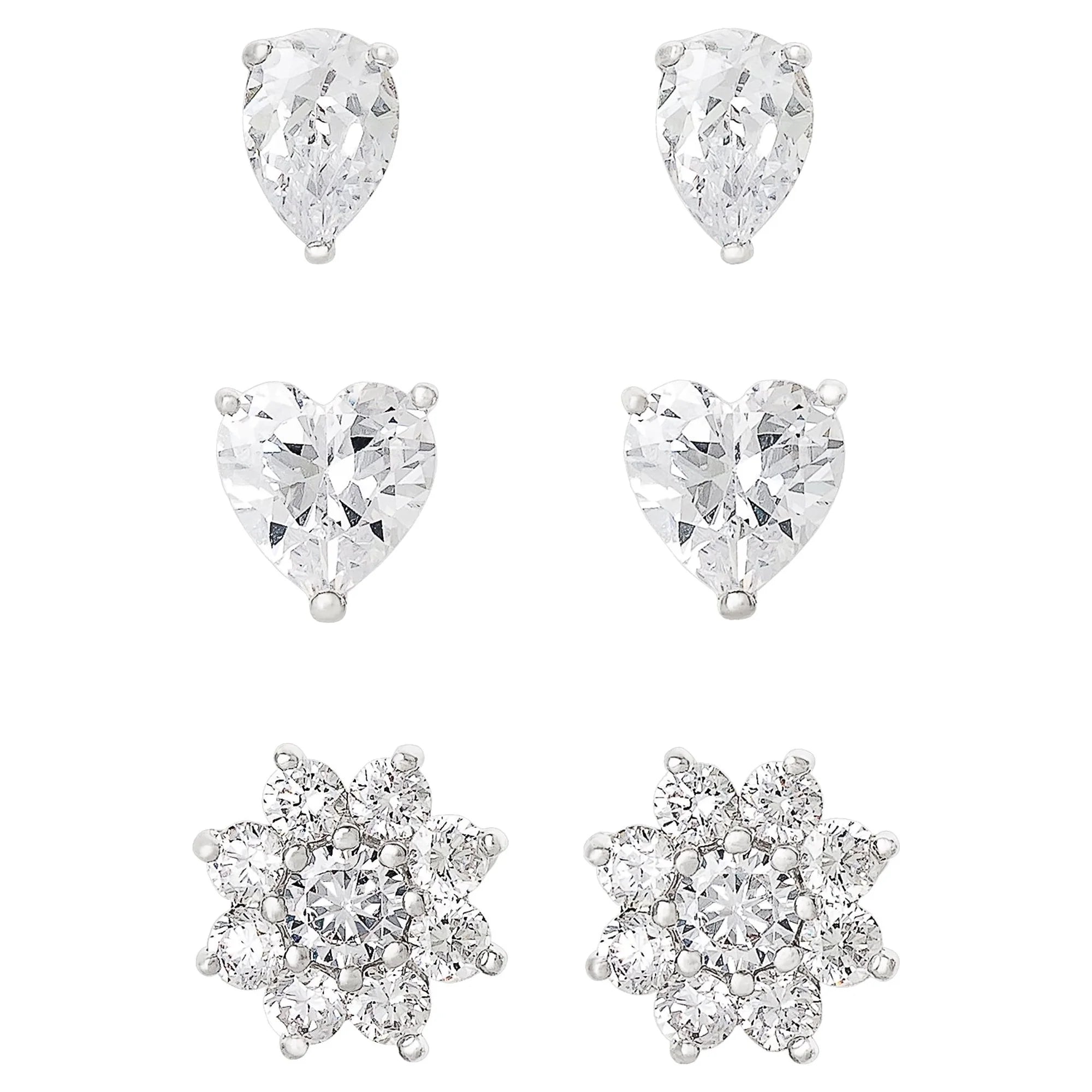 Believe by Brilliance Sterling Silver Cubic Zirconia Stud Earrings – 3 Pairs