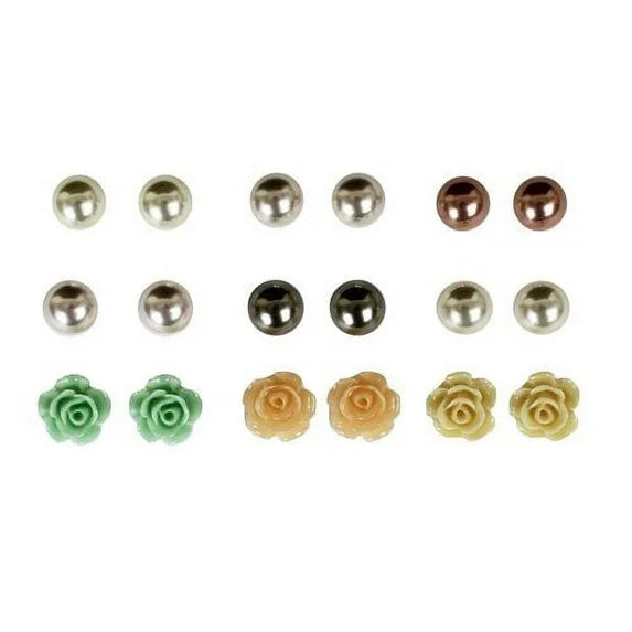 9-Pair Rose Gold & Colored Pearl Stud Earring Set