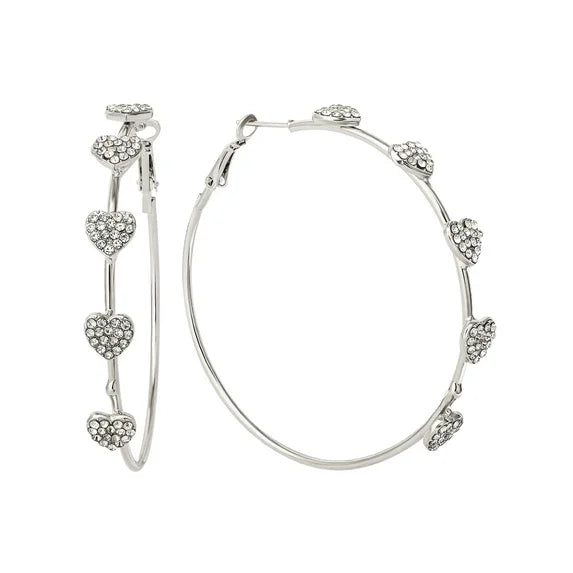 Jessica Simpson Silver-Tone Heart Stone Hoop Earrings