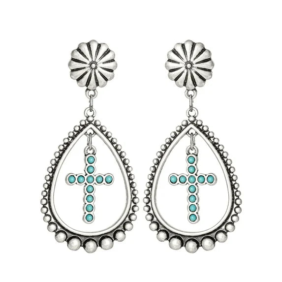 Jessica Simpson Turquoise Stone Cross Drop Earrings