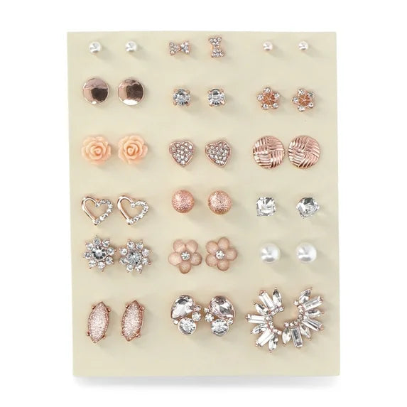 No Boundaries 18-Pack Rose Gold Floral Crystal Earrings Set