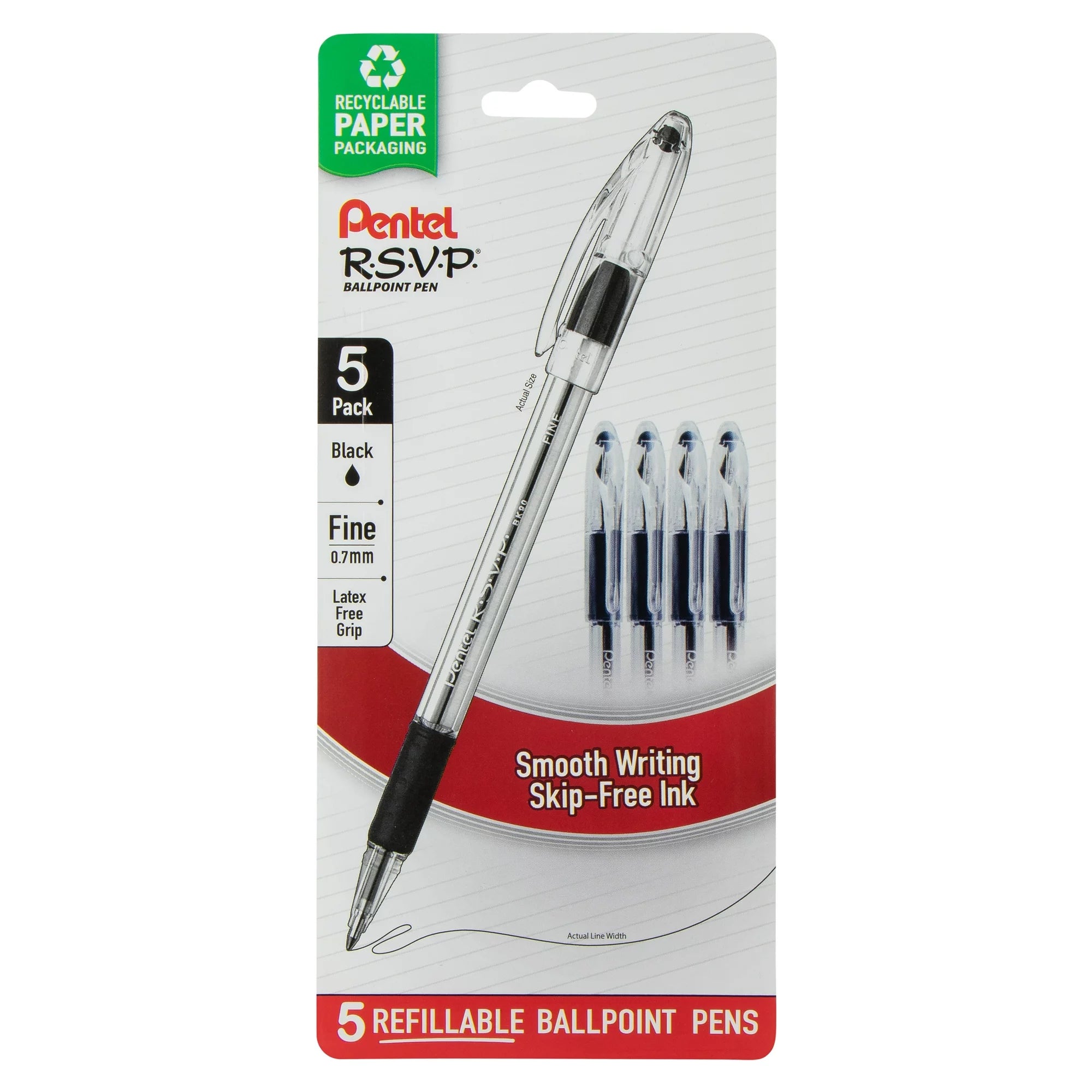 Pentel RSVP Ballpoint Pens ,0.7mm, Black, 5 Pack