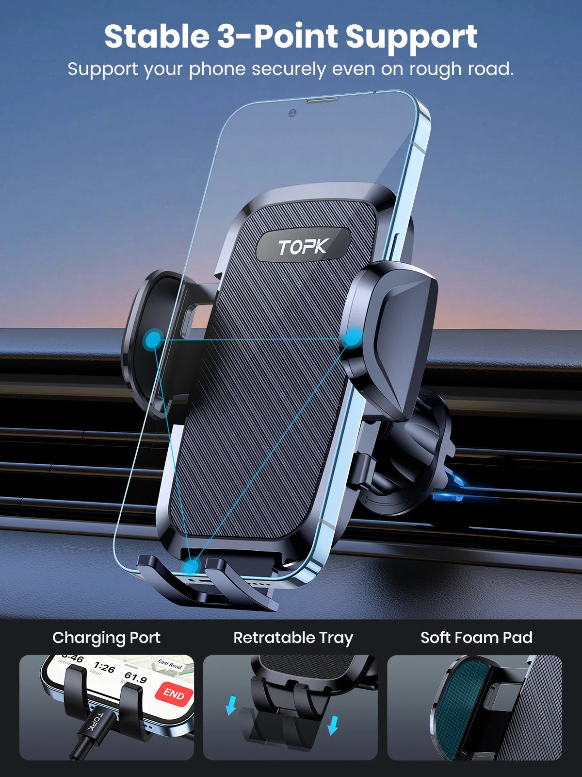 TOPK D36-G Car Phone Holder: Vent Clip, 360° Rotation