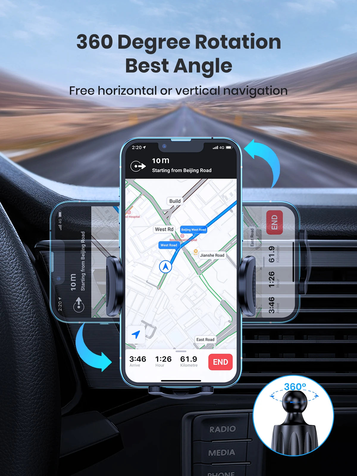 Car Phone Holder: Vent Clip, 360° Rotation for Smartphone