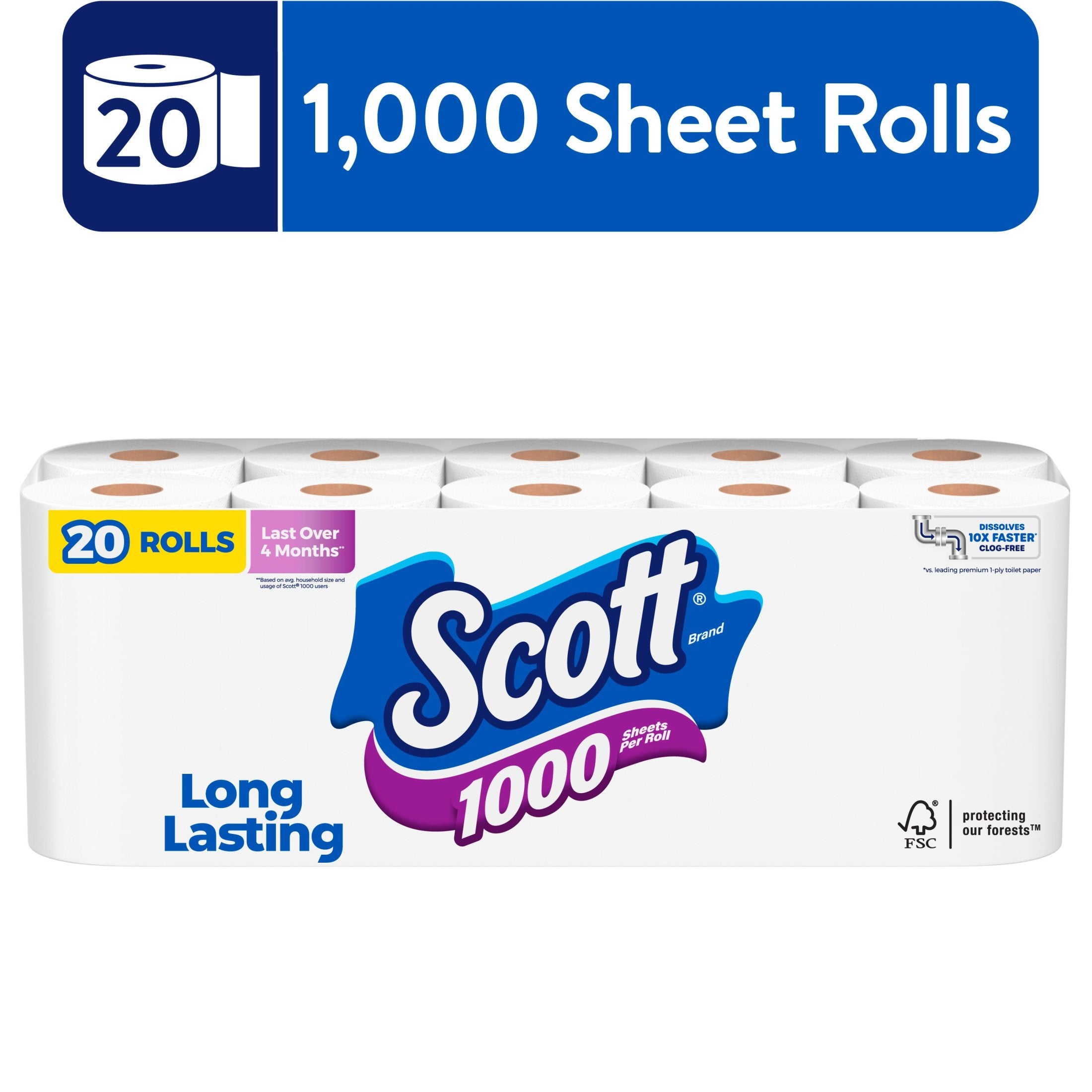 Scott Toilet Paper, 20 Rolls, 1,000 Sheets Per Roll