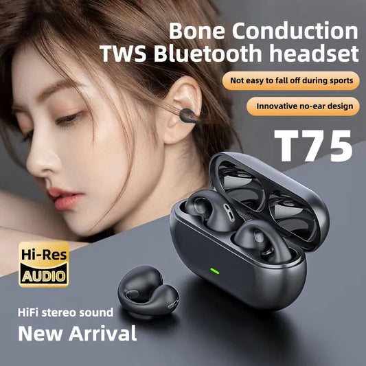 NEW T75 Ear-Clip Bluetooth Headphones: Bone Conduction Earbuds