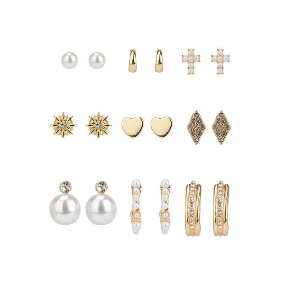Time and Tru Women’s 9-Pair Gold & Pearl Crystal Stud Earrings