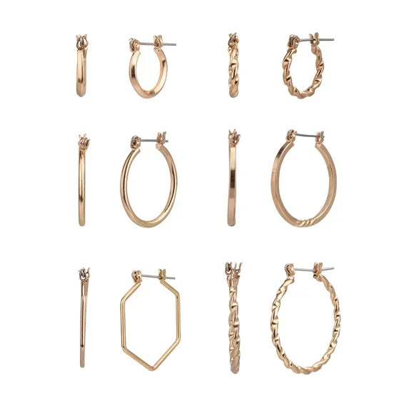 Time and Tru Women’s 6-Pair Gold Tone Hoop Earrings Set