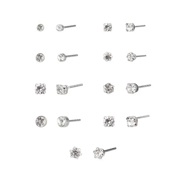 Time and Tru Women's Silver Tone Crystal Stud Earrings – 9 Pair