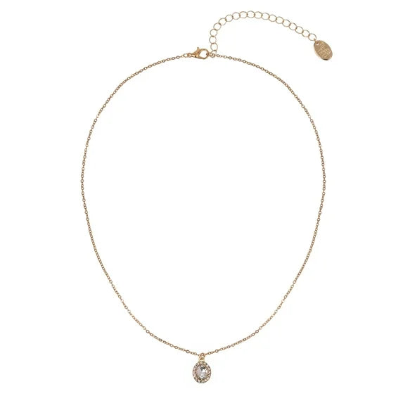 Time and Tru Women’s Gold Tone Oval Halo Crystal Pendant Necklace