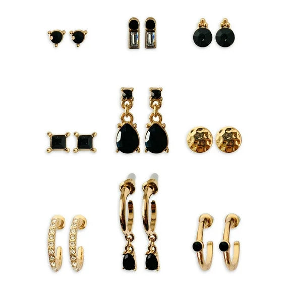 Time and Tru 9-Piece Black & Gold Stud and Hoop Earrings Set