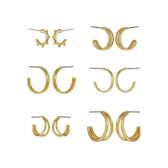 Time and Tru Women's Gold Tone Dainty Metal Hoop Earrings – 6 Pairs