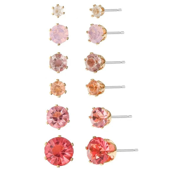 Time and Tru Women’s Pink Crystal Stud Earrings – 6-Pair Set