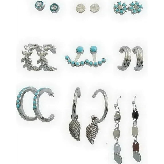 Time and Tru 9-Piece Women's Silver & Faux Turquoise Earring Set