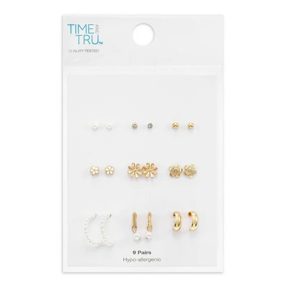 Time and Tru Women's Gold Mini Stud & Hoop Earring Set – 9 Pairs