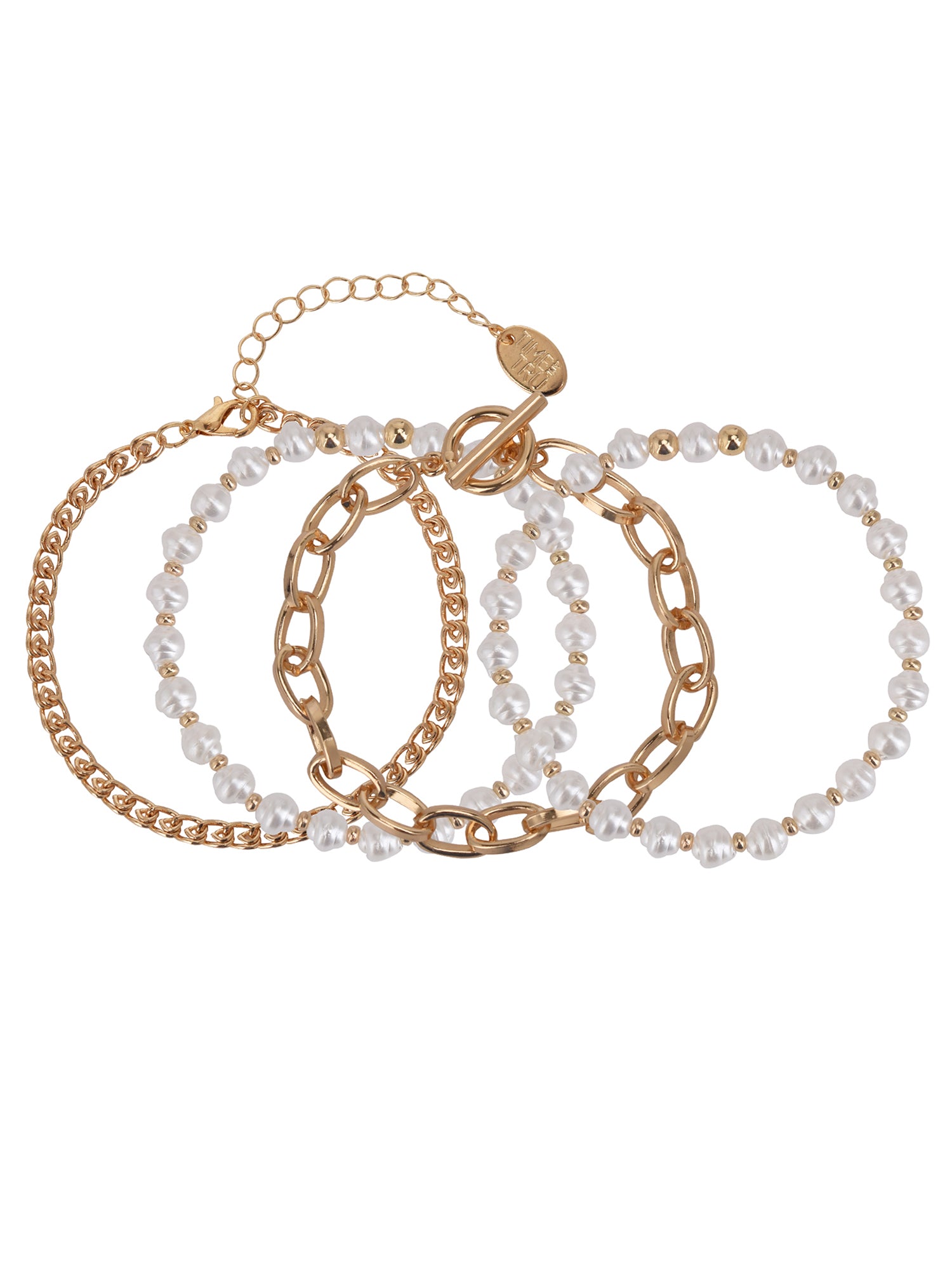 Elegant Gold Tone & Faux Pearl Bracelet Set – 4 Piece