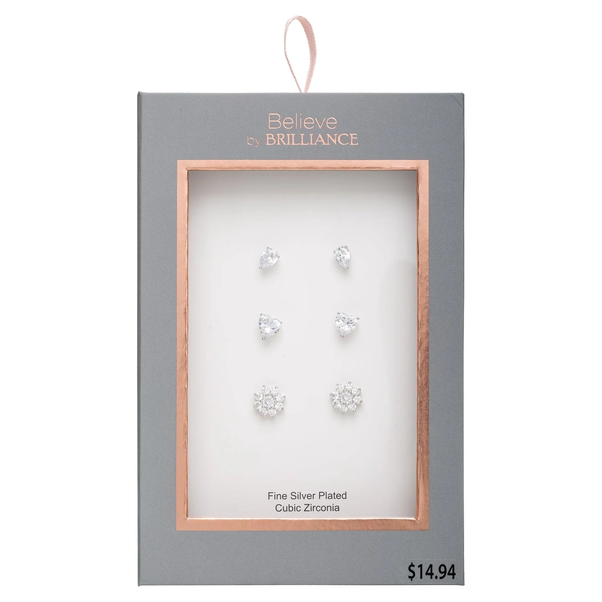 Believe by Brilliance Sterling Silver Cubic Zirconia Stud Earrings – 3 Pairs