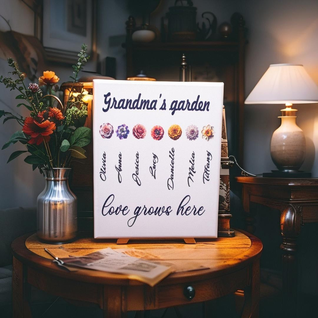 Personalized Grandma’s Garden Canvas | Birth Month Flower Wall Art | Custom Gift for Grandma from Grandkids |  Mother’s Day or Christmas