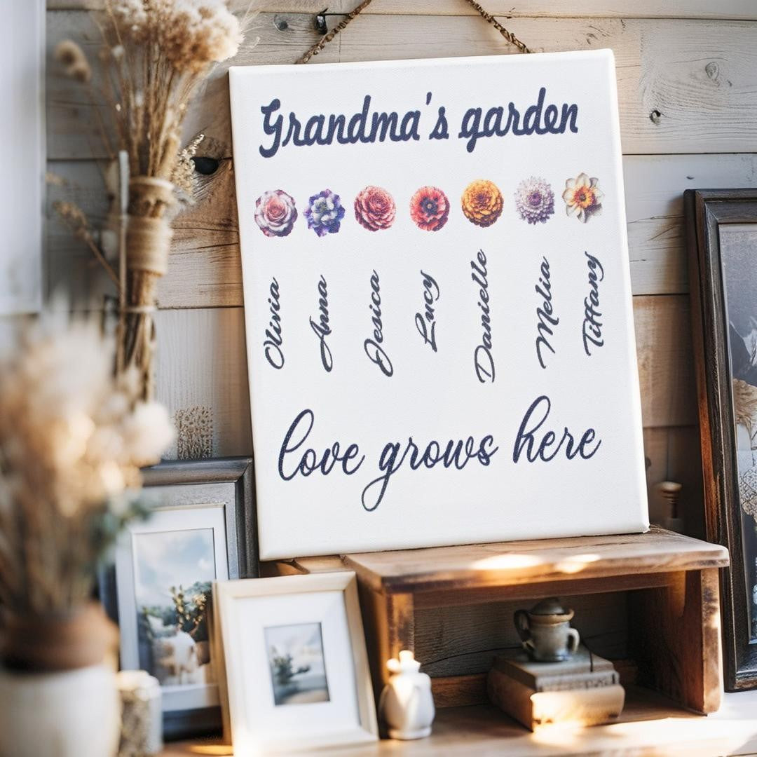 Personalized Grandma’s Garden Canvas | Birth Month Flower Wall Art | Custom Gift for Grandma from Grandkids |  Mother’s Day or Christmas
