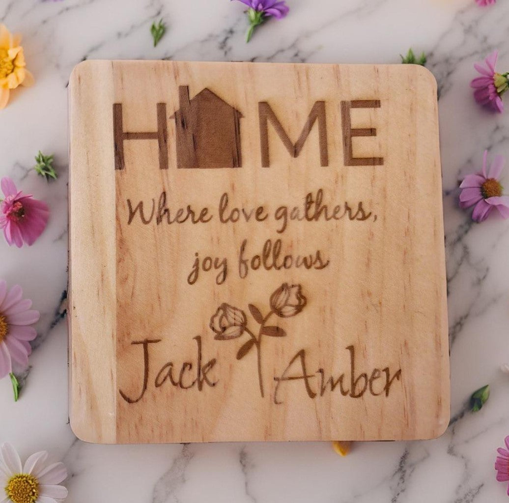 Custom Laser Engraved Family Name Coaster Set – Perfect for Couples, Weddings, Anniversaries, or Holiday Gifting