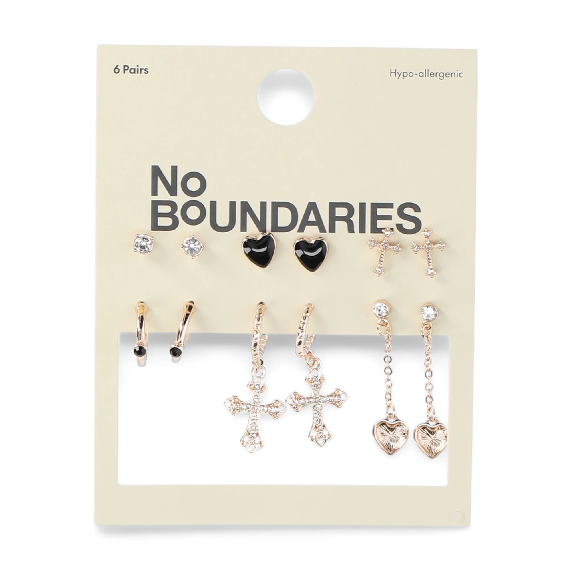 No Boundaries 6-Pack Black & Gold Heart and Cross Earrings