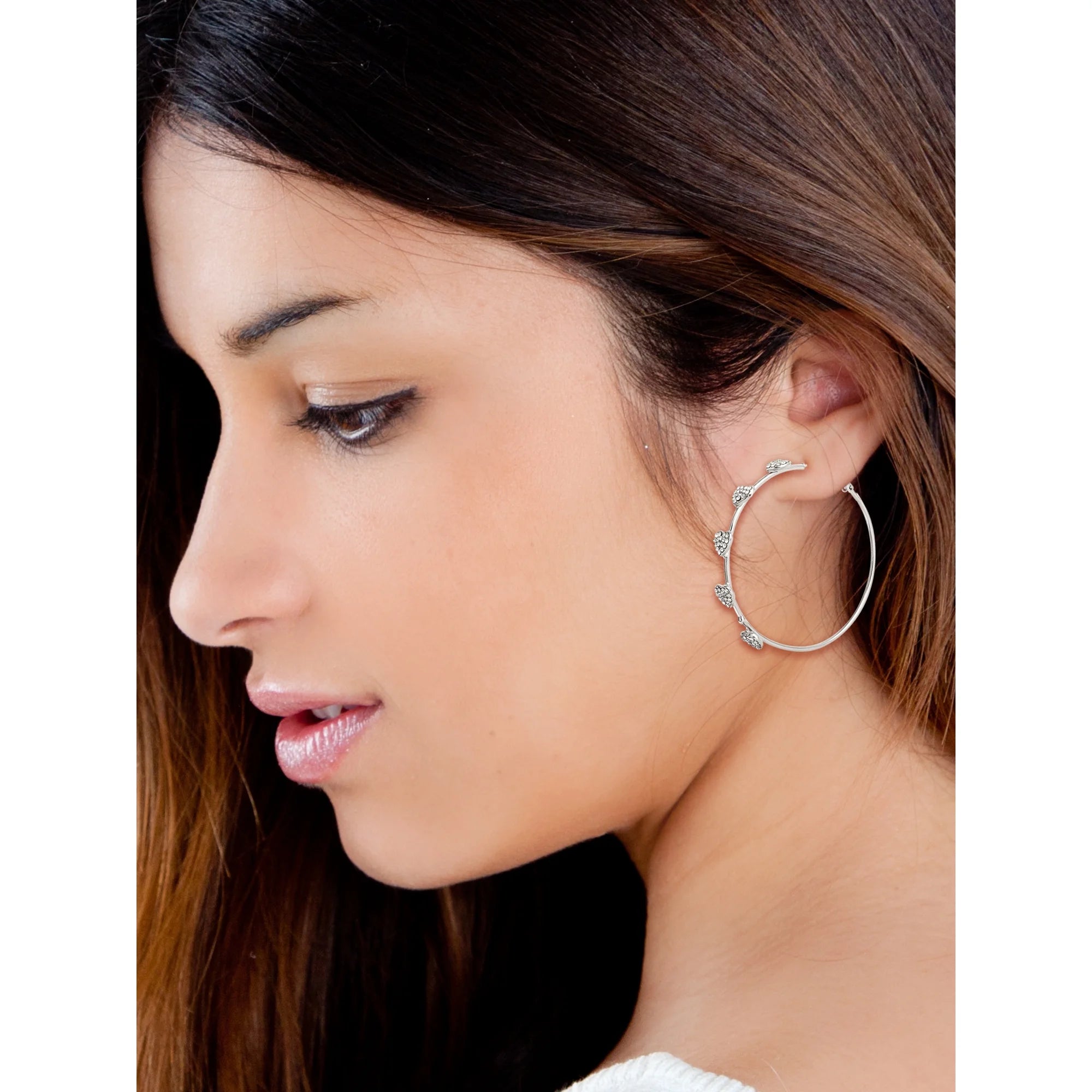 Jessica Simpson Silver-Tone Heart Stone Hoop Earrings