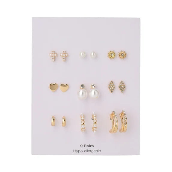 Time and Tru Women’s 9-Pair Gold & Pearl Crystal Stud Earrings