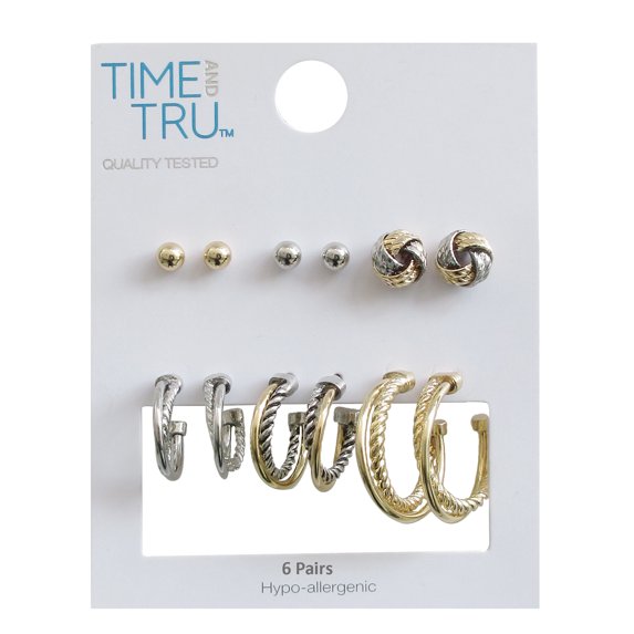 Time and Tru Women’s 6-Pair Two-Tone CZ Earring Set