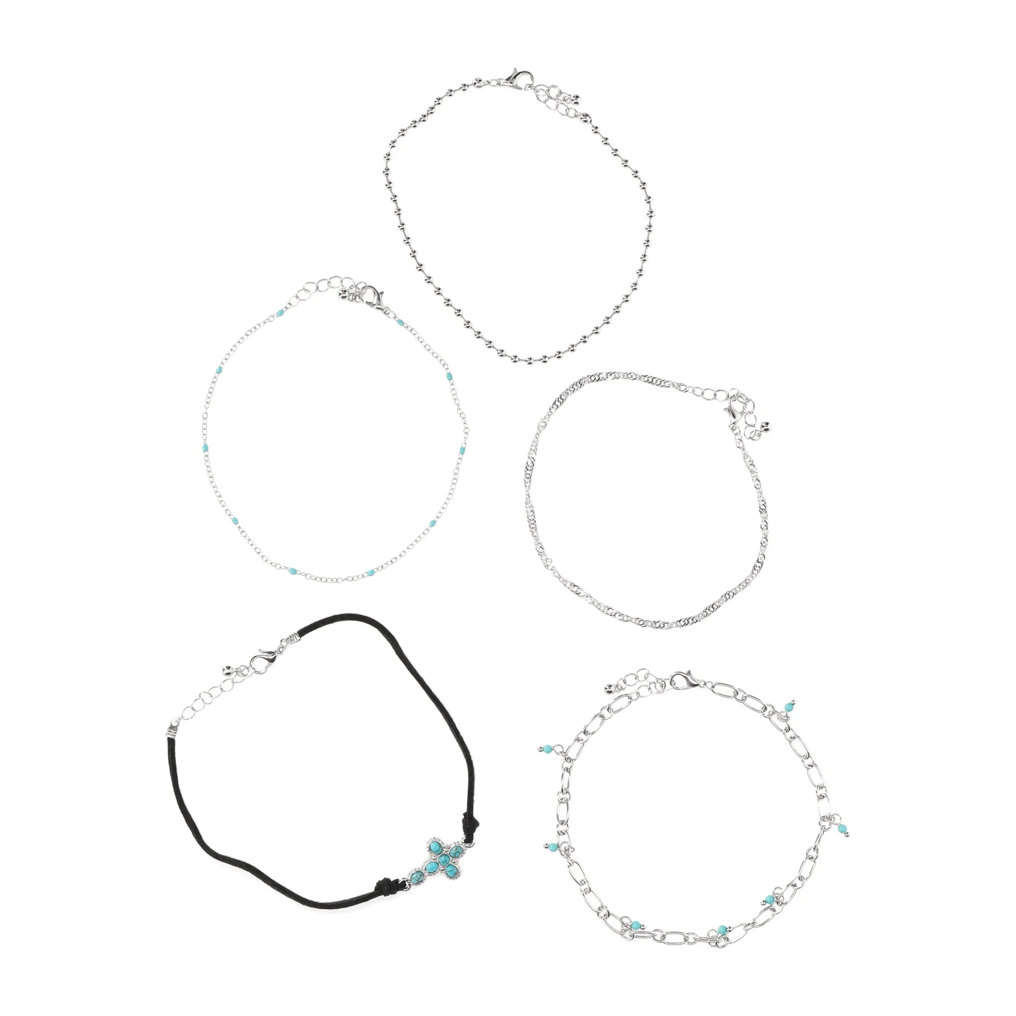 No Boundaries Women’s Silver Tone Anklet Set – 5-Piece